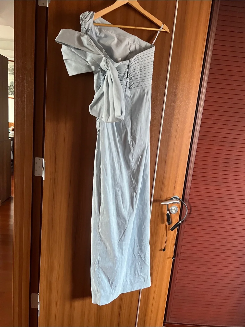 Rachel Gilbert Light Blue One-Shoulder Ruched Gown with Bow - Picture 9 of 13
